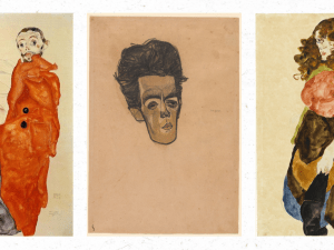 Three Schiele paintings in a row showing figures against pale backgrounds