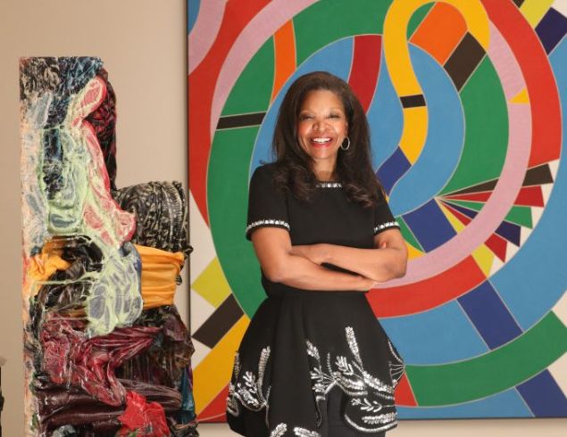 San Francisco philanthropist and art collector Pamela Joyner shows her art at home on Wednesday, April 17, 2019, in San Francisco, Calif. At left is a sculpture from Kevin Beasley (b.1985) called Aurora, 2018, house dresses, kaftans, t-shirts, du-rags, ri