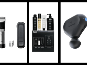 Image: Collage of Philips Norelco Beard Trimmer 9000 Prestige, Reyal Total Skincare Kit and Theragun Mini 2nd Generation.