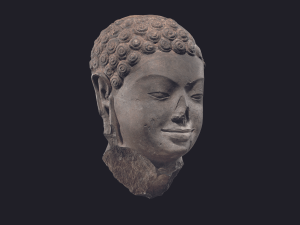 Bust of head of Buddha pictured against black background