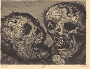 A drawing of two very disgusting rotting skulls that appear to be debating