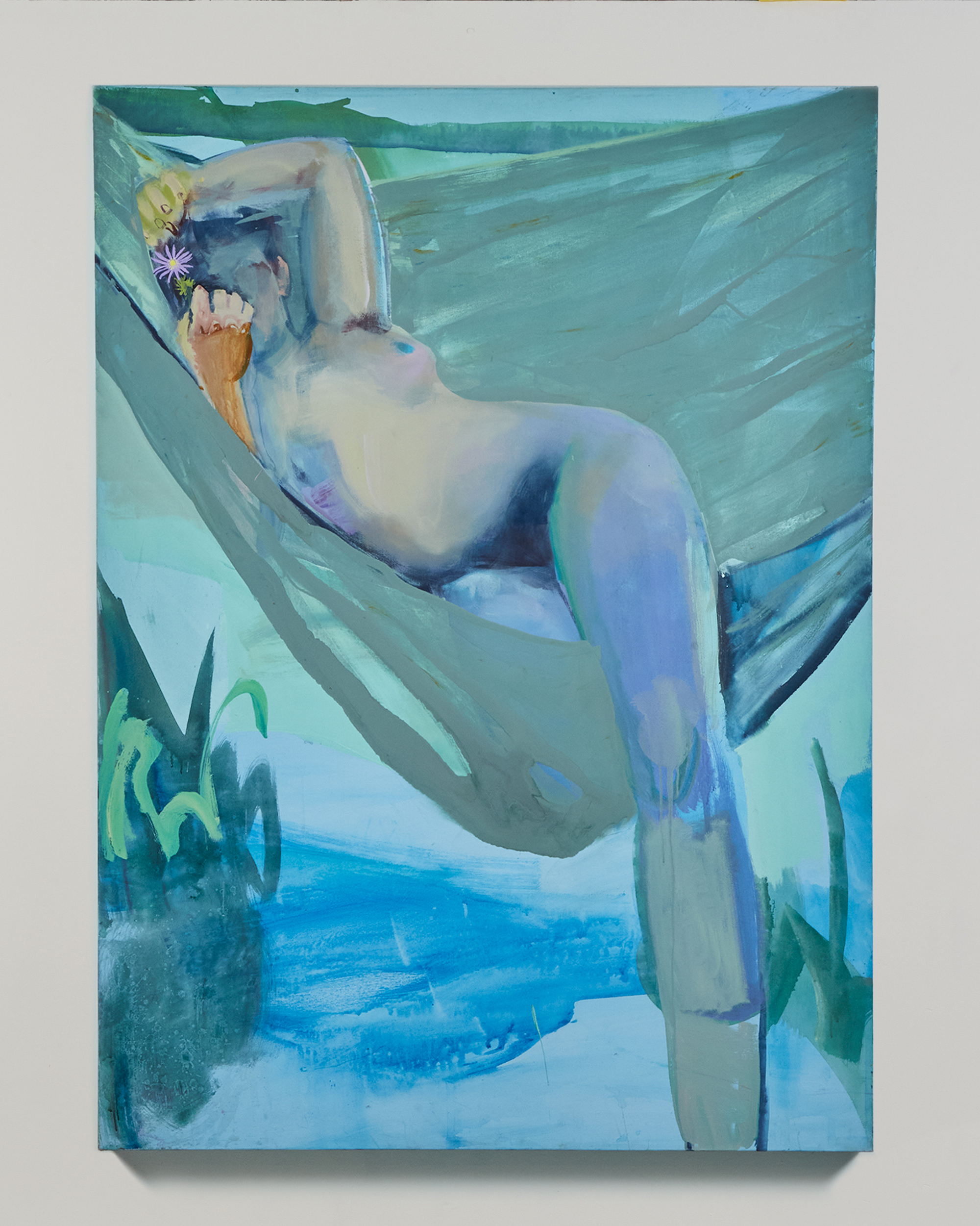 A blue hued painting of a nude woman on a hammock
