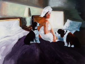 A realistic painting of a woman in towels sitting on a bed in a dim room