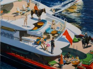 A colorful painting of shapely people and horses partying on a small yacht