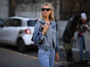 Stella Maxwell is seen wearing a jeansjacket before Etro during Milan Fashion Week Fall/Winter 2020-2021 on February 21, 2020 in Milan, Italy. (Photo by Jeremy Moeller/Getty Images)