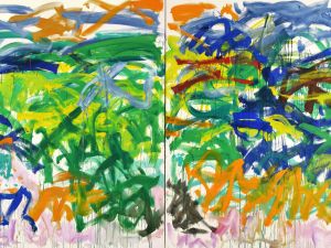 Large vibrant painting filled with green abstract strokes