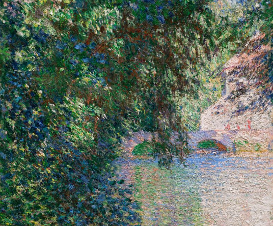 An impressionist painting of a body of water with overhanging trees; in the background in a building with a bridge over the water