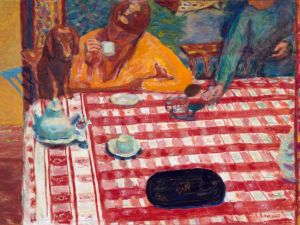 A painting of a person sipping a cup of coffee at a table with a red checked cloth