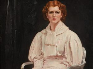 Oil portrait of woman in white dress with red hair sitting in chair