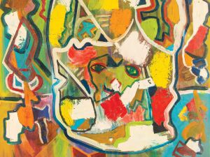 Colorful green-toned abstract painting with vague bull head in middle