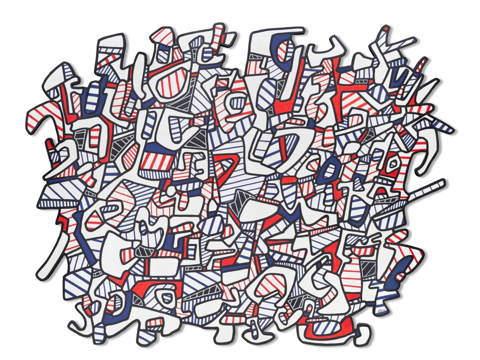 Abstract painting of red, white and blue colored squiggles 