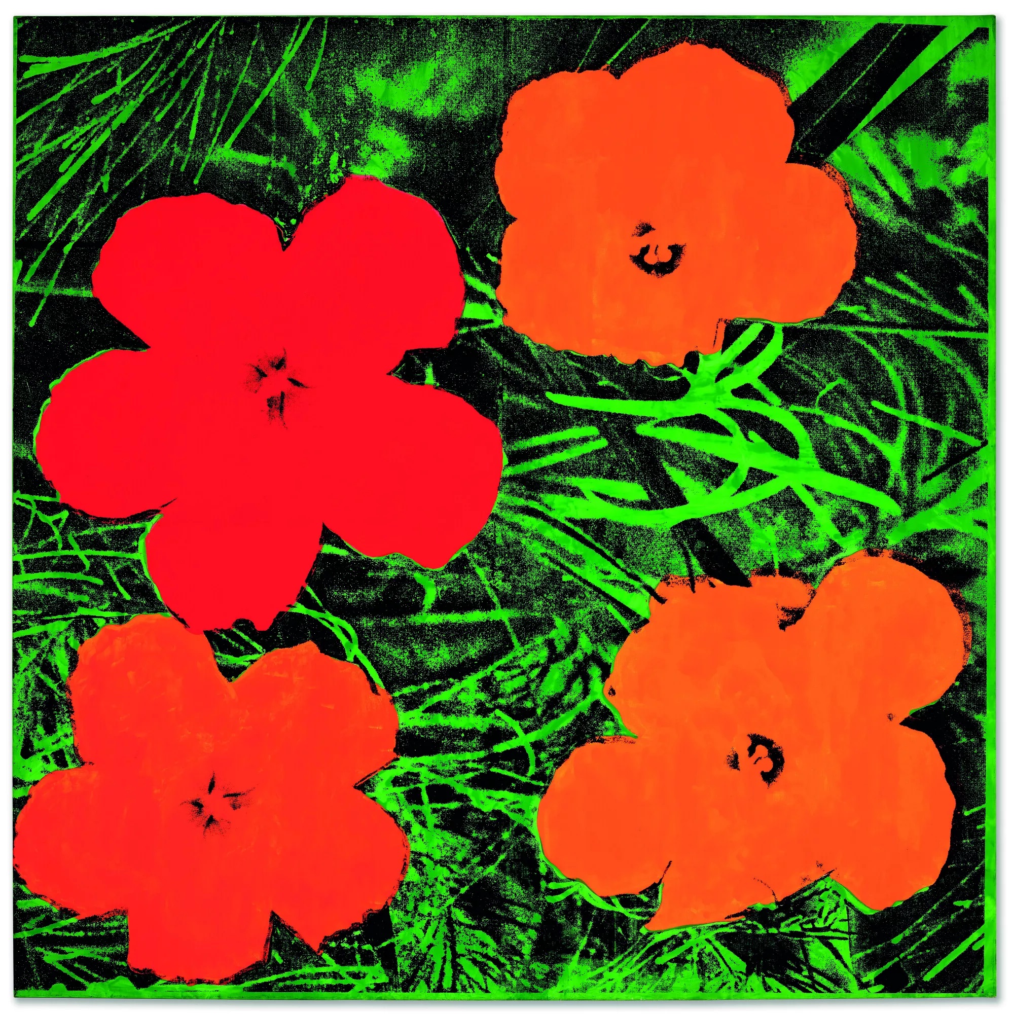 A stylized print of poppies on a background of grass