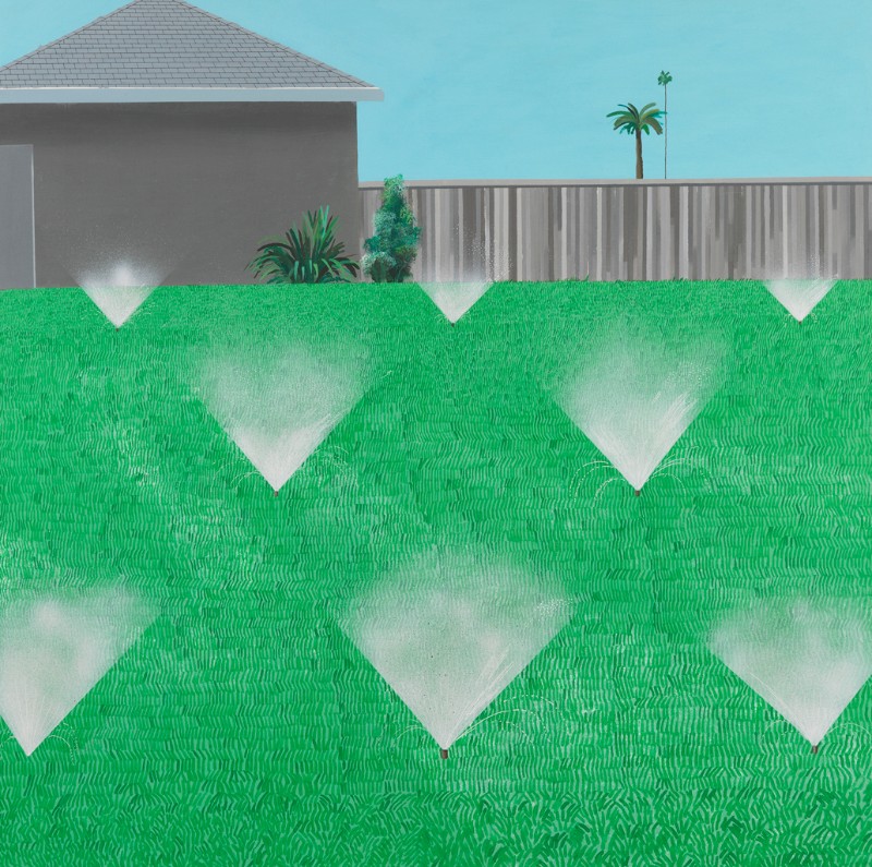 A child-like painting of a large green lawn of grass with many sprinklers