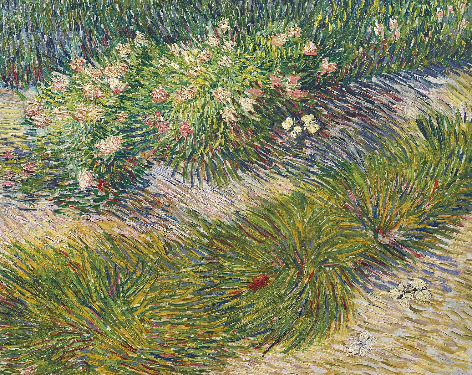 An impressionist work of art with a green garden and butterflies