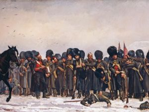 A painting of troops wearing tall fur hats mustering in a snowy field