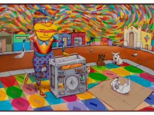 Painnting of a guy playing music in a multicolored background with dogs playing