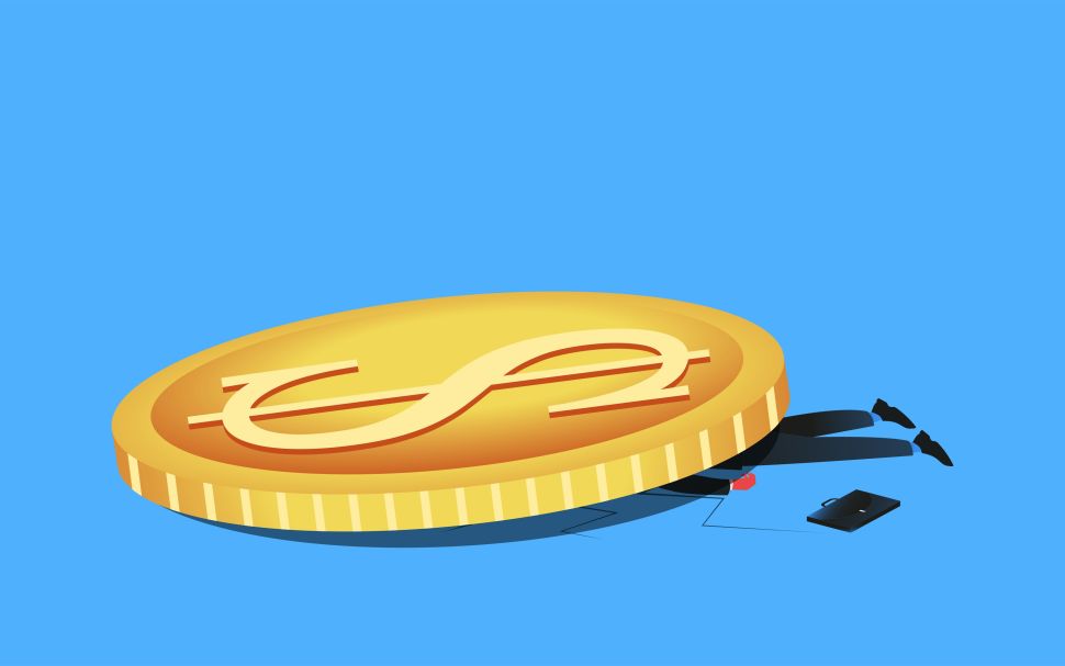 An illustration of a businessman crushed under the weight of a large gold coin.