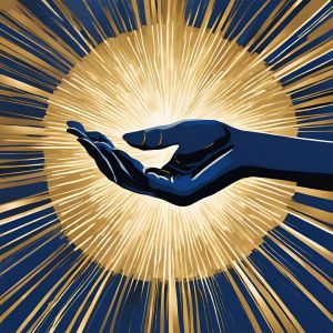 Illustration of a hand reach out against a gold and blue background