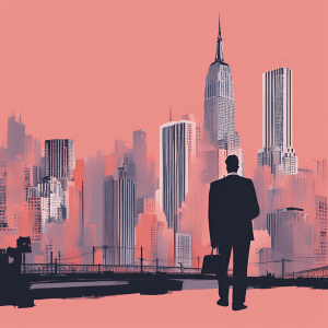 An illustration in shades of pink and grey, showing a man in a suit looking at a city skyline.