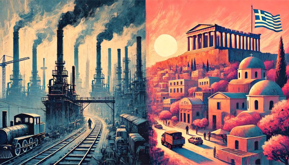 A split-screen painting showing an industrial landscape on the left and an ancient Greek cityscape on the right. The left side features towering smokestacks emitting dark clouds of smoke, railway tracks, and industrial machinery, symbolizing industrialization and environmental impact. The right side showcases a sunlit Greek city with domed buildings, winding streets, and the Parthenon atop a hill, evoking themes of heritage, culture, and tradition. The Greek flag waves atop the Parthenon, contrasting with the gritty industrial scene.