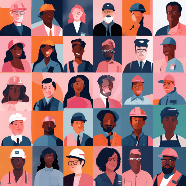 A colorful grid illustration of diverse individuals in professional attire, representing various ethnicities, genders, and roles, symbolizing inclusion and equity in the workforce.