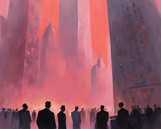 An ominous cityscape with towering skyscrapers bathed in a hazy red glow, shadowy figures in suits gaze upward, evoking the mystique and potential risks of Wall Street's private credit market