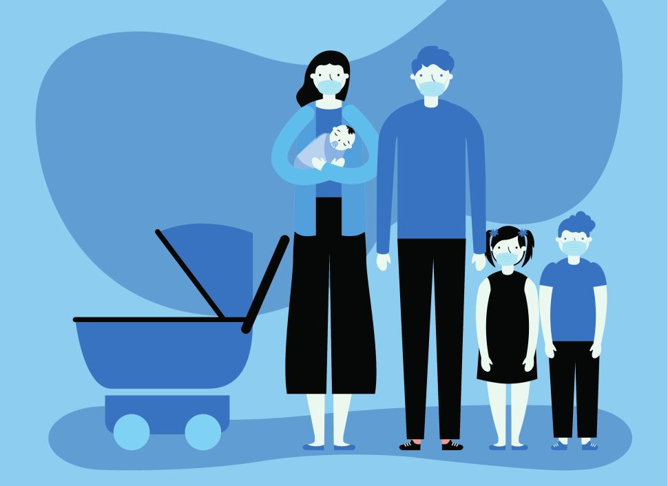 A stylized illustration of a family, all wearing face masks. The family includes two adults, one holding a baby, and two children, standing together next to a stroller against a blue background.