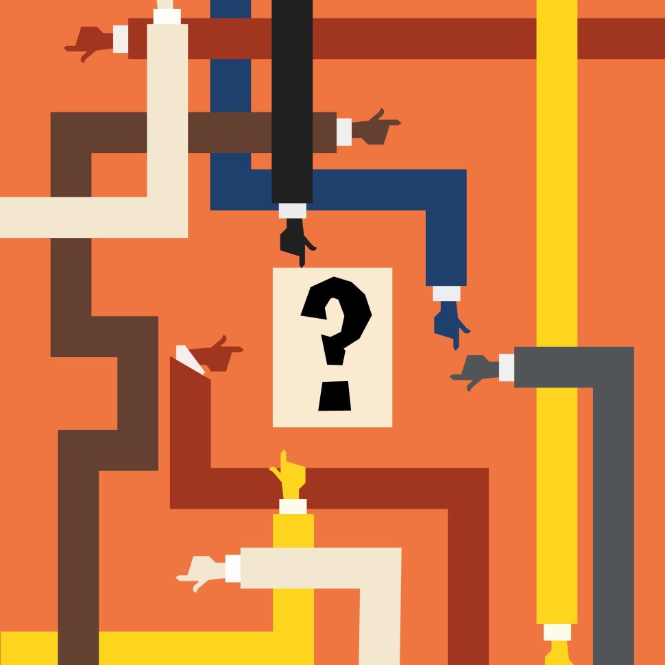 Illustration of a poster featuring a large, bold question mark centered against a neutral background, symbolizing mystery or inquiry.