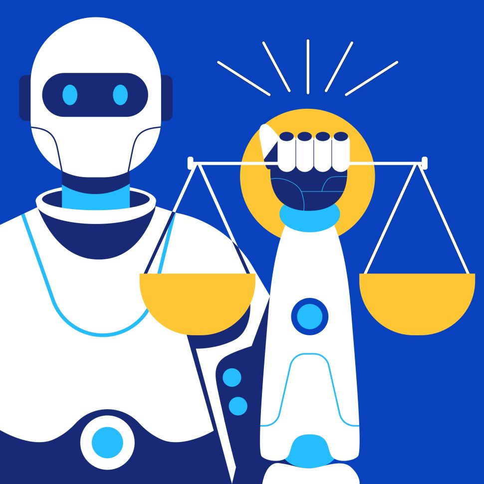 Illustration of a robot holding a balanced scale, symbolizing the ethical dilemmas and responsibilities in A.I. decision-making.