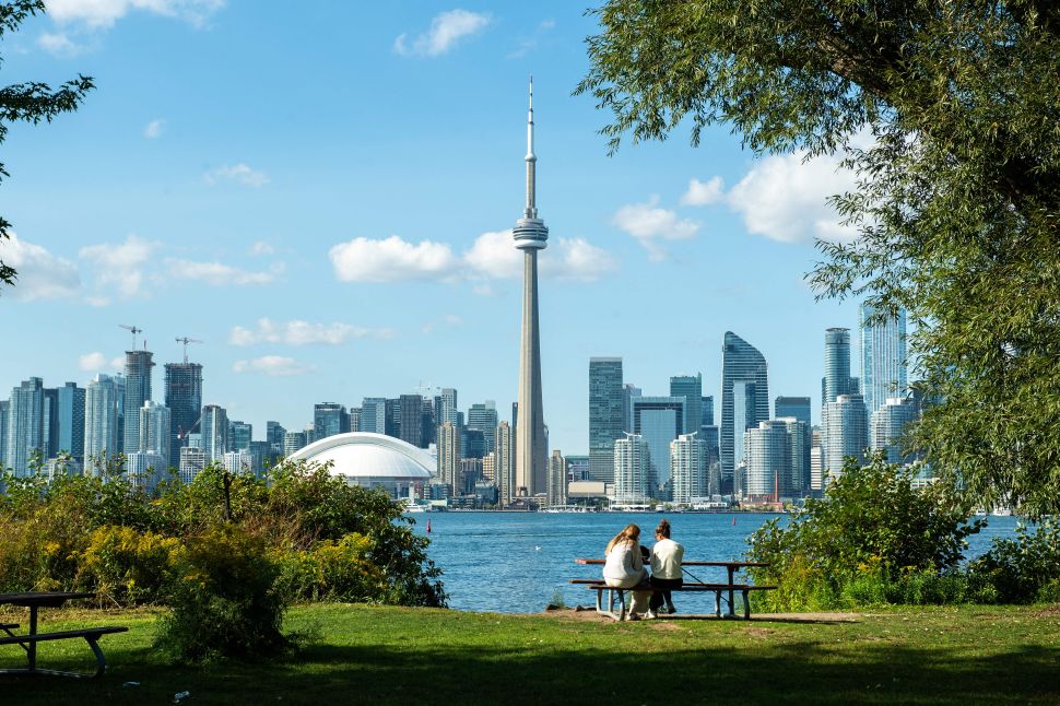 Skyline of Toronto pictured from grassy bank