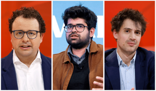 Three separate photos of men wearing button up shirts and sitting onstage