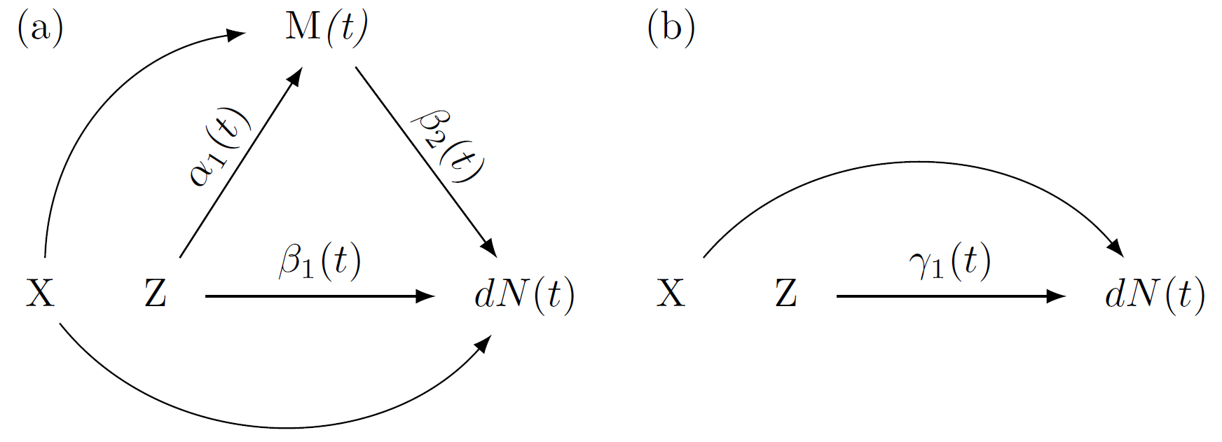 Figure 1. (a) A dynamic path diagram with treatment $Z$, a single mediator $M(t)$, and baseline confounders $X$; (b) Corresponding dynamic path diagram without the mediator process.