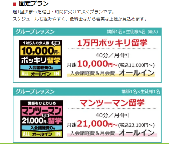 固定プランの料金説明、グループレッスンとマンツーマンレッスンについて