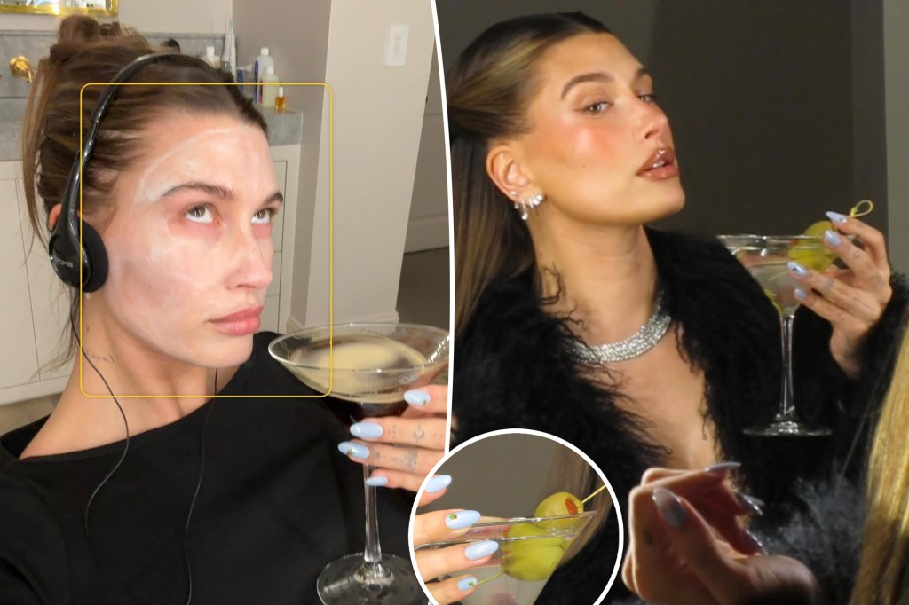 Hailey Bieber matches her manicure to her martini at her 28th birthday party