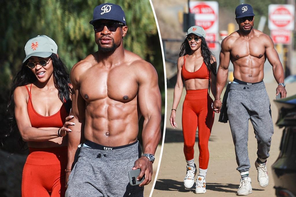 Jonathan Majors flaunts his massive muscles on shirtless hike with fiancée Meagan Good after getting engaged