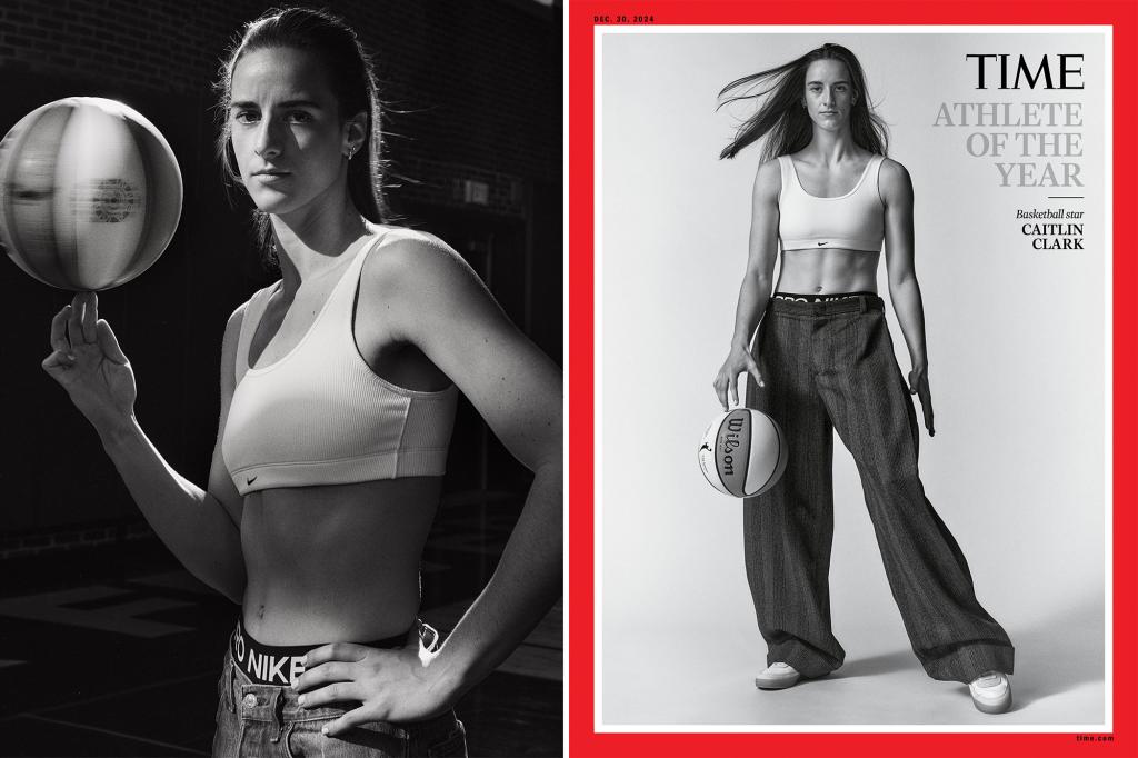 Caitlin Clark shows off abs in sports bra and designer trousers for Time magazine