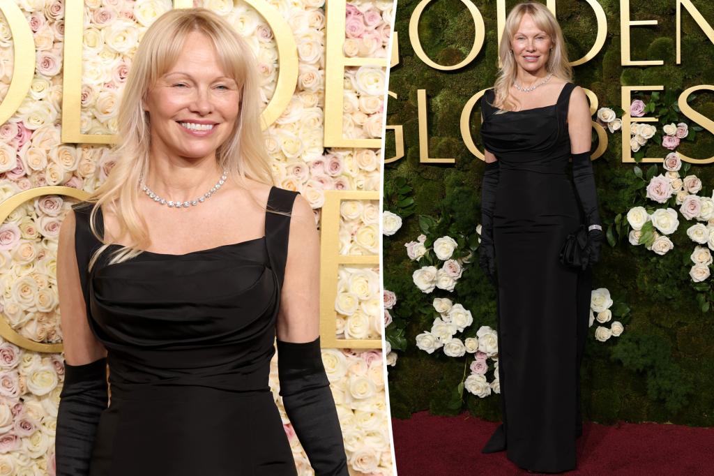 Pamela Anderson styles herself in classic black gown for the 2025 Golden Globes red carpet