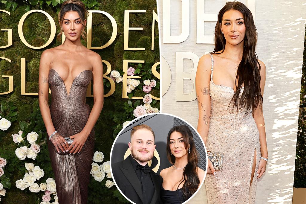 Brianna Chickenfry returns to Golden Globes red carpet in plunging gown after Zach Bryan criticized her 2024 look