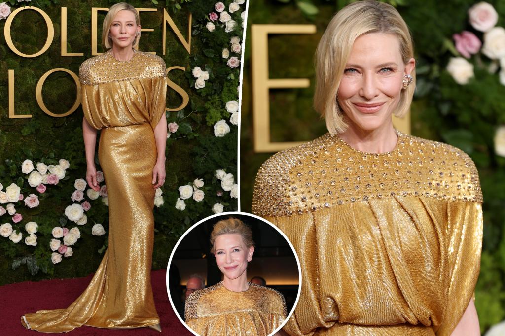 Cate Blanchett re-wears gold Louis Vuitton dress at 2025 Golden Globes