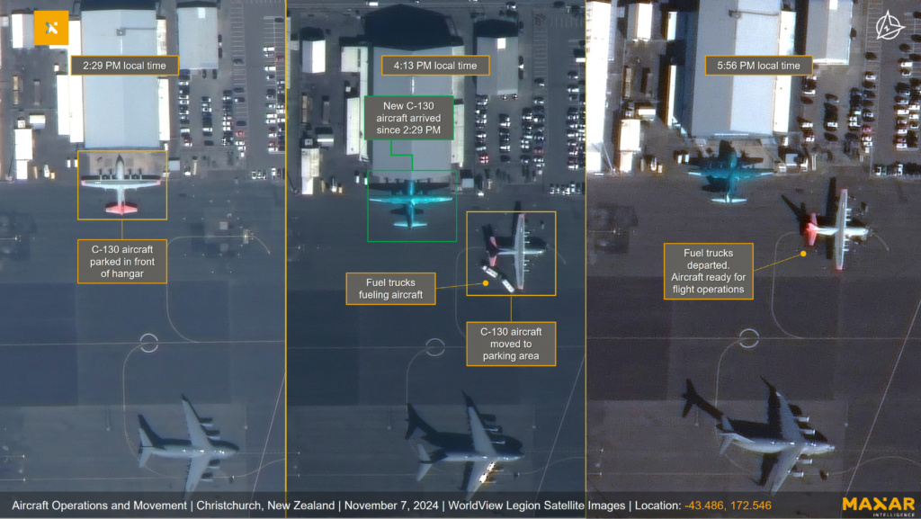 A series of images of the airport in Christchurch, New Zealand, show the possibilities of multiple revisits in a day. Image: Maxar Intelligence.