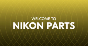 Welcome to Nikon Parts" text in white font centered on a gradient background ranging from dark yellow at the top to gold at the bottom, with a subtle geometric design of interlocking curves.