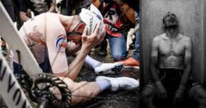 A cyclist in racing gear sits on the ground, head in hands with visible tears, surrounded by people and bikes. On the right, a grayscale image shows a shirtless man leaning against a wall, eyes closed, appearing exhausted and possibly emotional.