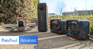 Four action cameras, including DJI, Insta360, and GoPro models, are placed on a concrete surface with grass and a blurred background. A "PetaPixel Reviews" banner is in the bottom left corner.