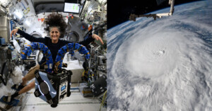 A person floats inside a space station, interacting with a robotic device in a microgravity environment. Next to it, a satellite view shows a massive hurricane swirling over the Earth's surface.