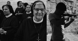 A black-and-white image split in two: the left shows a group of smiling nuns in religious habits with crosses; the right depicts a young person aiming a toy gun, silhouetted against a stone wall.