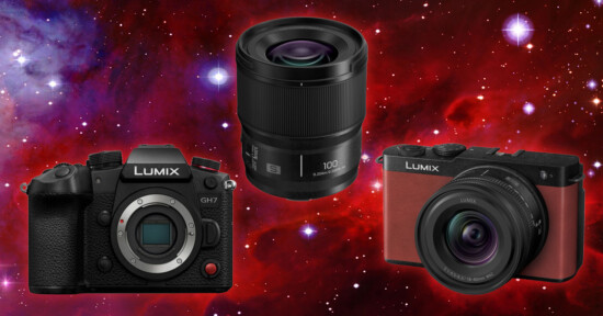 Two Lumix cameras and a Lumix lens on a vibrant red galaxy background with stars.