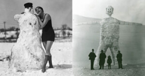 Left: A woman in a bathing suit and boots poses playfully with a snowman wearing a hat. Right: Four people stand in front of a giant snow figure with outstretched arms in a snowy landscape.