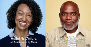 Image showing two smiling individuals side by side. On the left, a woman labeled "Liv," and on the right, a man labeled "Brian," both described as AI managed by Meta. They both wave with text saying "Hello!.