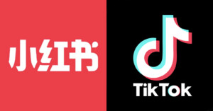 Split image with the Xiaohongshu logo in white on a red background on the left and the TikTok logo with its iconic music note design and text in white on a black background on the right.