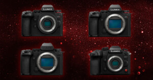 Four Lumix cameras (G9, S5 II, S5 II X, GH7) are shown against a red cosmic background filled with stars. Each camera is positioned with its lens removed, highlighting the sensor inside.